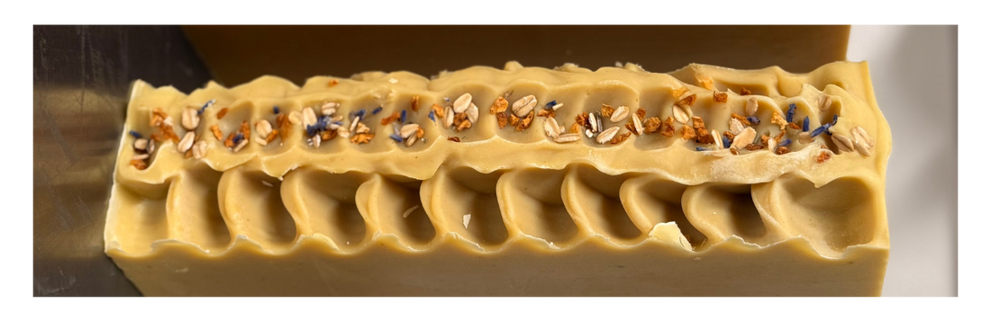 Goat Milk Honey Lemon Soap Loaf with Oats and Lavender on top