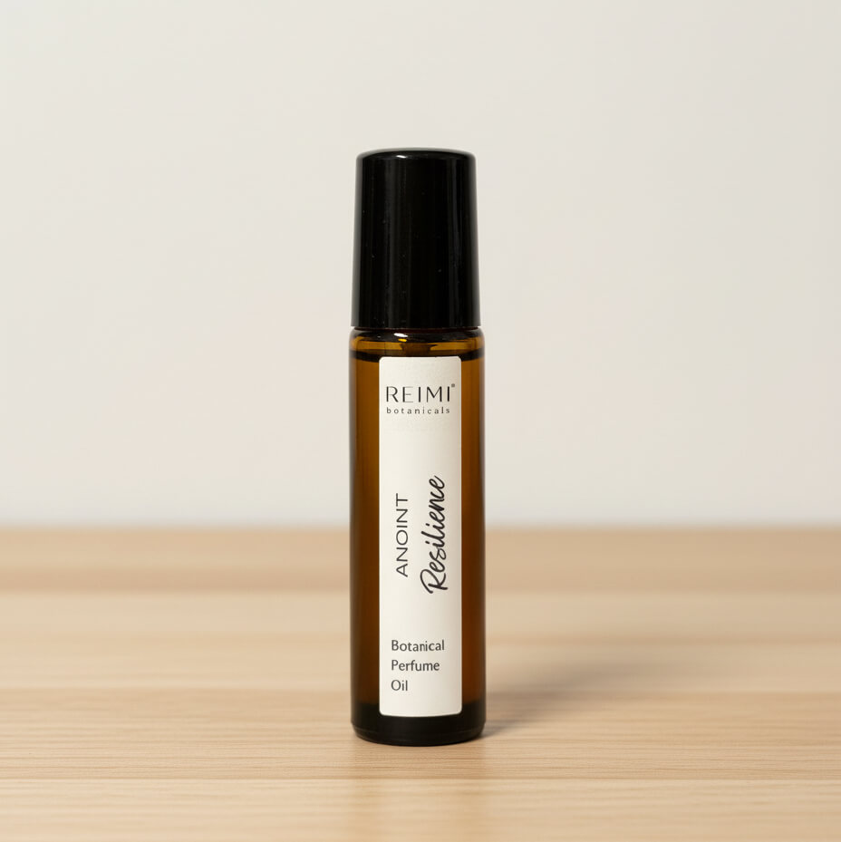 Bottle of Reimi Botanical Perfume Oil on a wooden surface with a light background