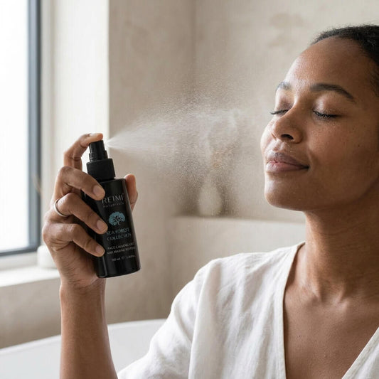 A woman in a white robe holds a black spray bottle from the Alchemist Collection and sprays a fine mist toward her face in a bright bathroom setting.