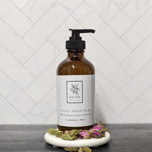 Luxury Hand Soap Natural Rose Essential Oil Organic Bath Product Amber Glass Bottle Cardamom Rose Scent Premium Bathroom Accessory Elegant Home Decor Natural Ingredients Eco Friendly Gift Christmas Present Beautiful Sustainable Package