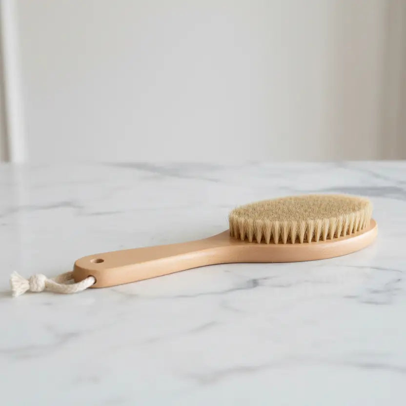 Dry brush with natural bristles on a marble surface