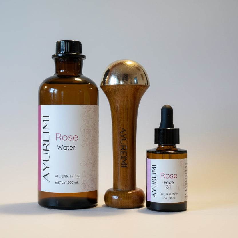 AYUREIMI Rose Daily Face Ritual, Amber glass bottle of Rose Water, Kansa bronze face wand with teak wooden handle, amber glass Rose Oil with black dropper