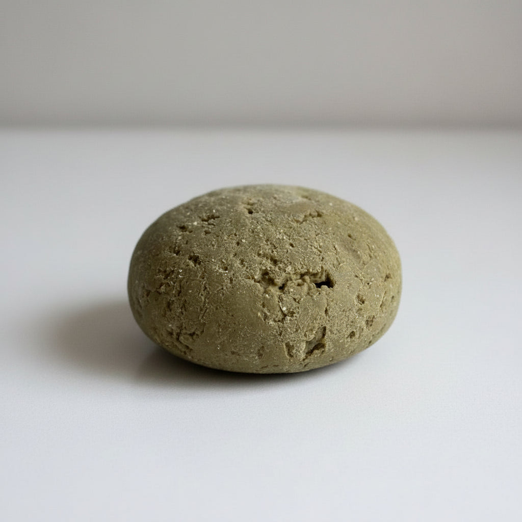 Round, earthy, greenish brown Face Cleansing + Polishing Bar