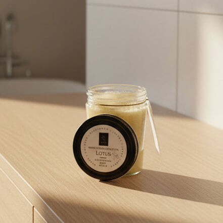 A jar of exfoliating body scrub with its lid placed in front on a light surface. The open jar shows a pale yellow scrub inside, and the round black lid has a white label reading 'White Flower Collection Lotus Exfoliating Body Scrub.