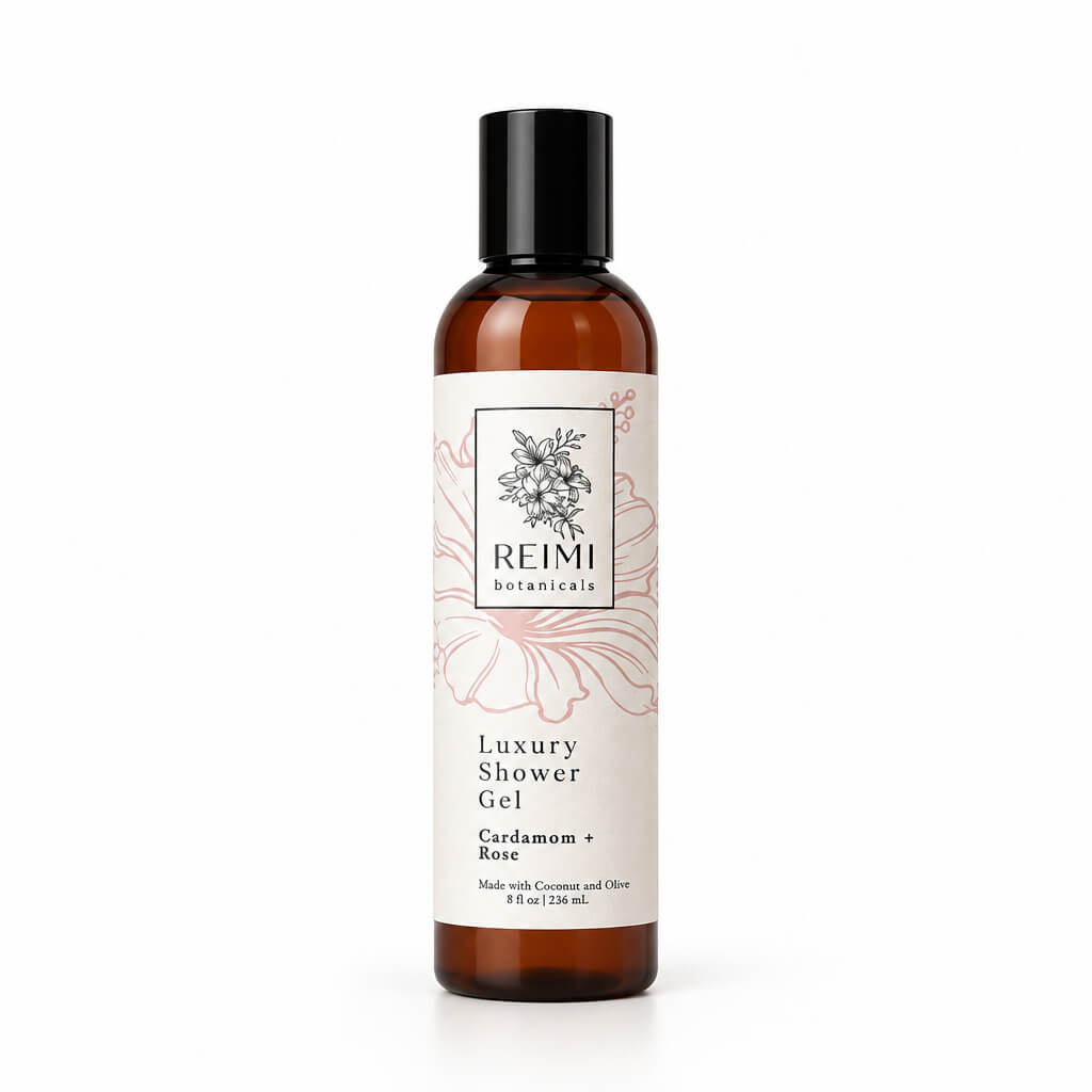 A bottle of REIMI Botanicals Luxury Shower Gel in Curdumom + Rose, featuring an amber glass bottle with a black cap and a cream-colored label with pink floral accents.