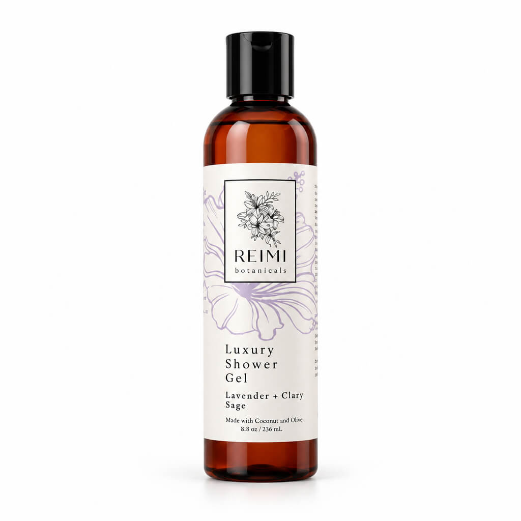 A bottle of REIMI Botanicals Luxury Shower Gel in Lavender + Clary Sage, featuring an amber glass bottle with a black cap and a white label with purple floral details, set against a plain white background.
