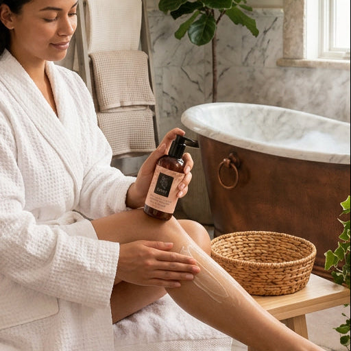 A bottle of REIMI Botanicals Tea Collection Infused Body Lotion, Rooibos, with a black pump dispenser and a pink label, set against a plain light gray background.