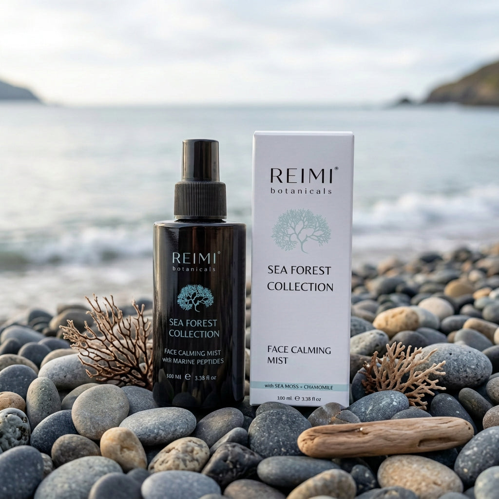 A black bottle of REIMI botanicals Sea Forest Collection Face Calming Mist stands next to its white packaging box on a white sheet of paper against a neutral gray background.