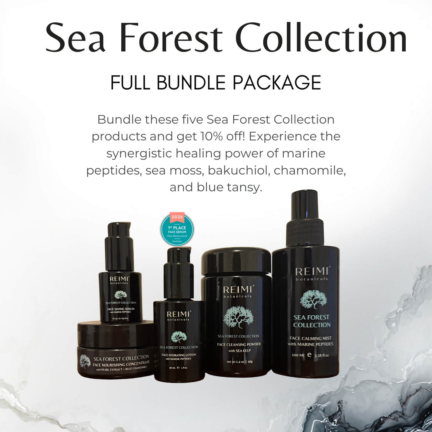 Sea Forest Collection skincare products with promotional text on a white background