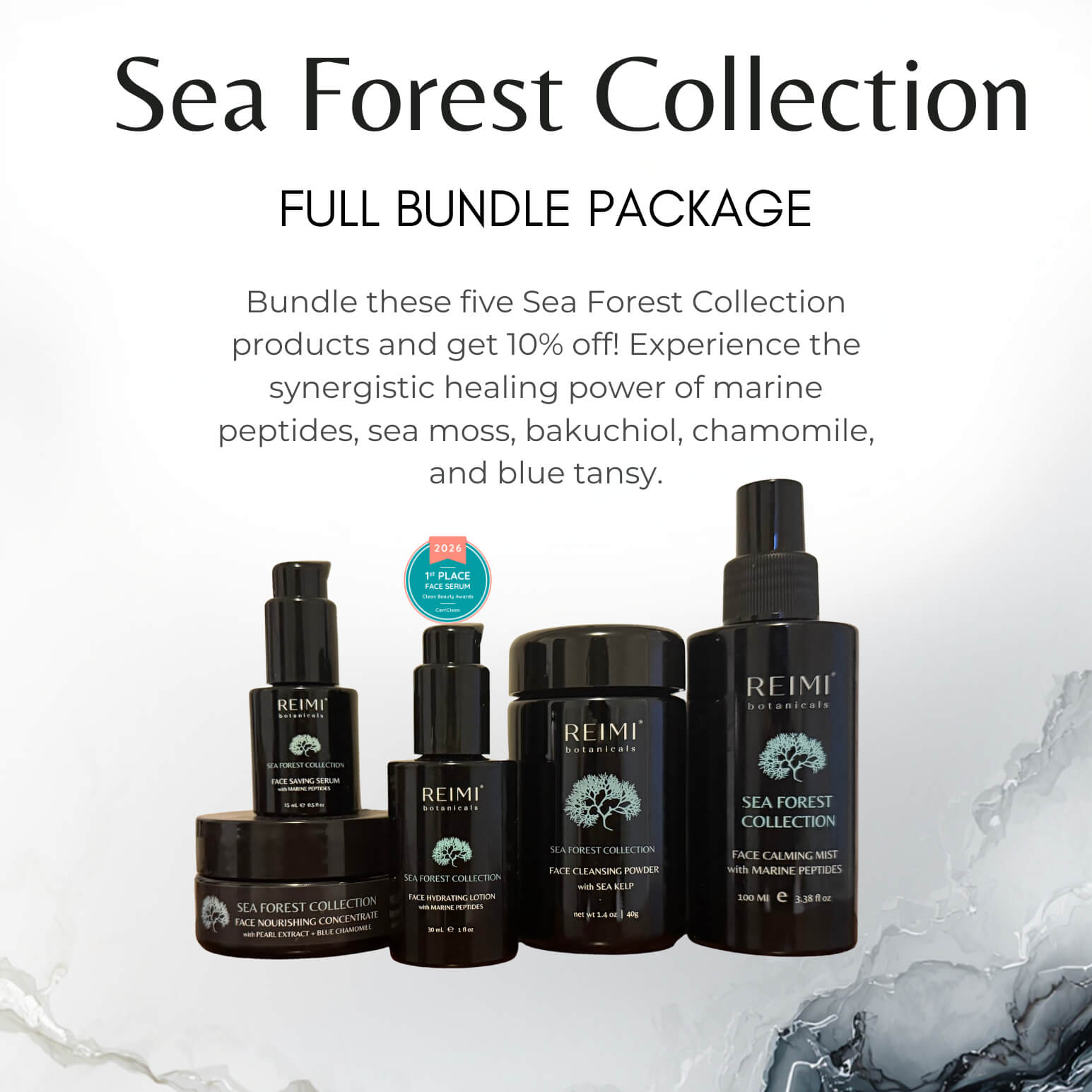 Sea Forest Collection skincare products with promotional text on a white background