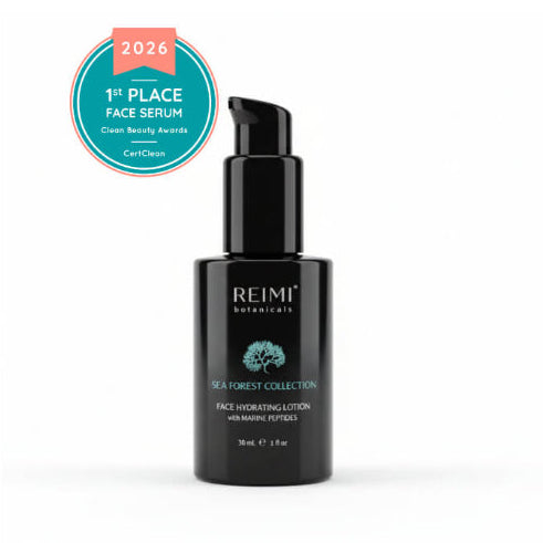 Black bottle of REIMI botanicals face serum with a 2026 award badge on a white background