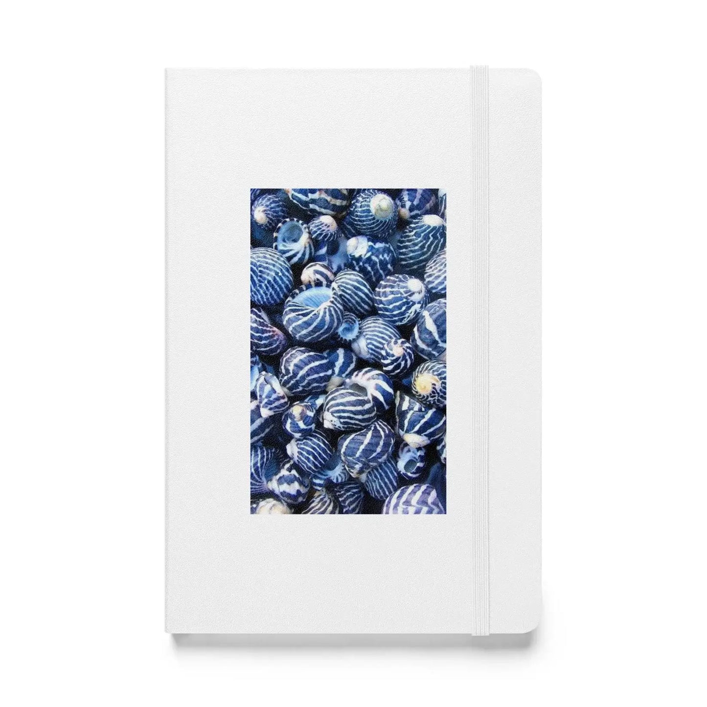 White notebook journal with blue and white striped pattern on a white background