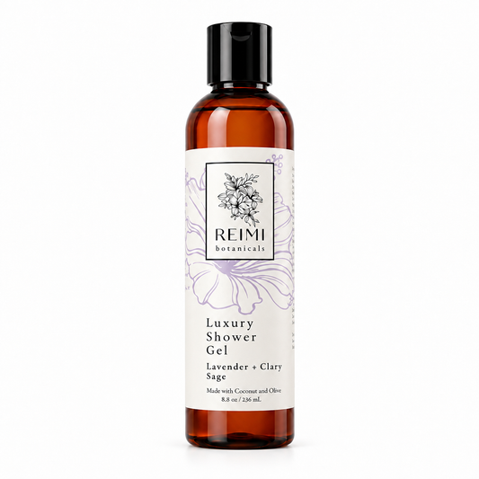 Lavender and clary sage luxury shower gel centered on a bright white square background with matching collection scale