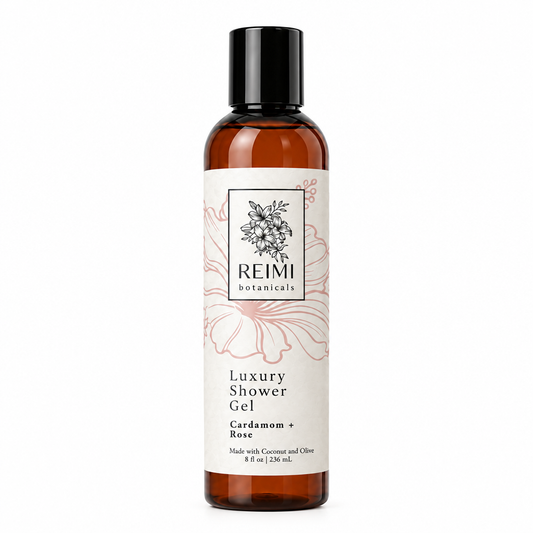 Cardamom and rose luxury shower gel centered on a bright white square background with matching collection scale