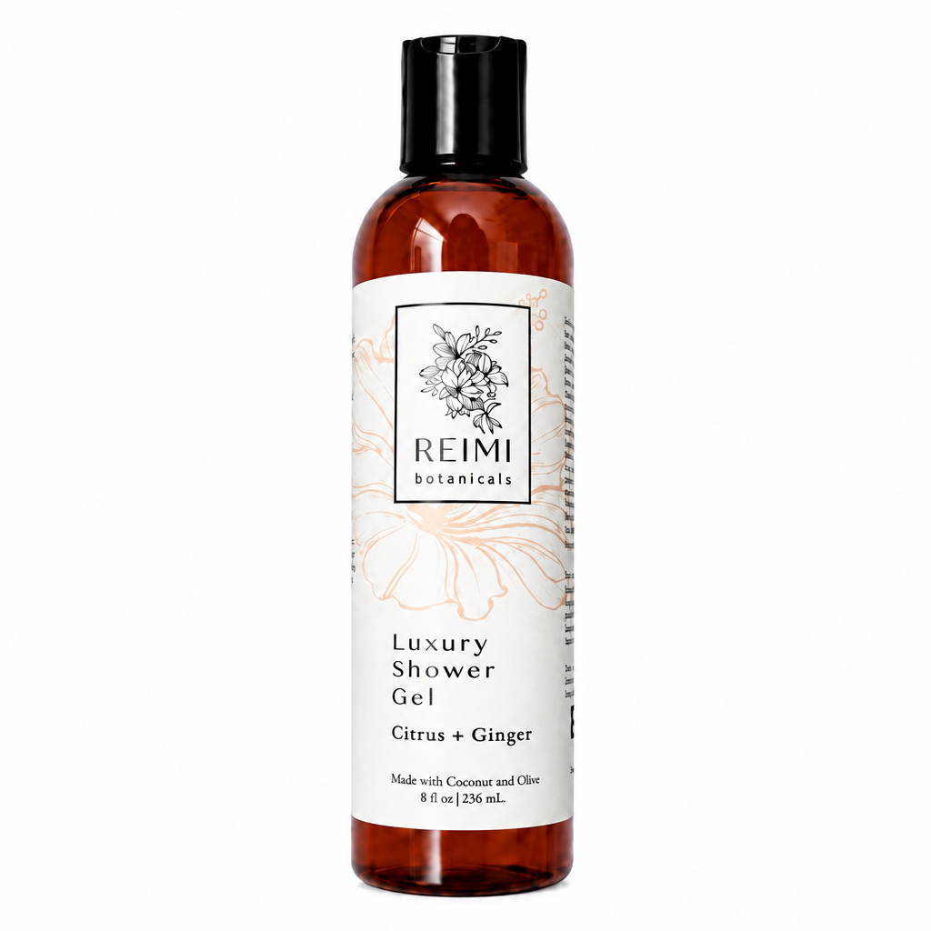 Citrus and ginger luxury shower gel centered on a bright white square background with matching collection scale